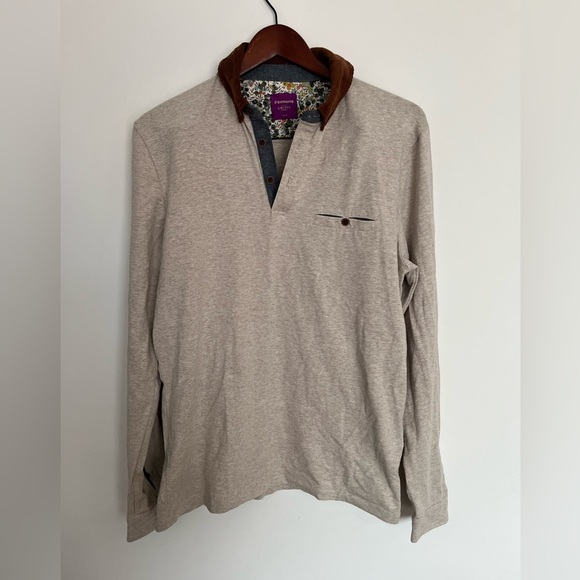 Simons Beige Long Sleeve Polo Shirt with corduroy collar size medium - Picture 2 of 5